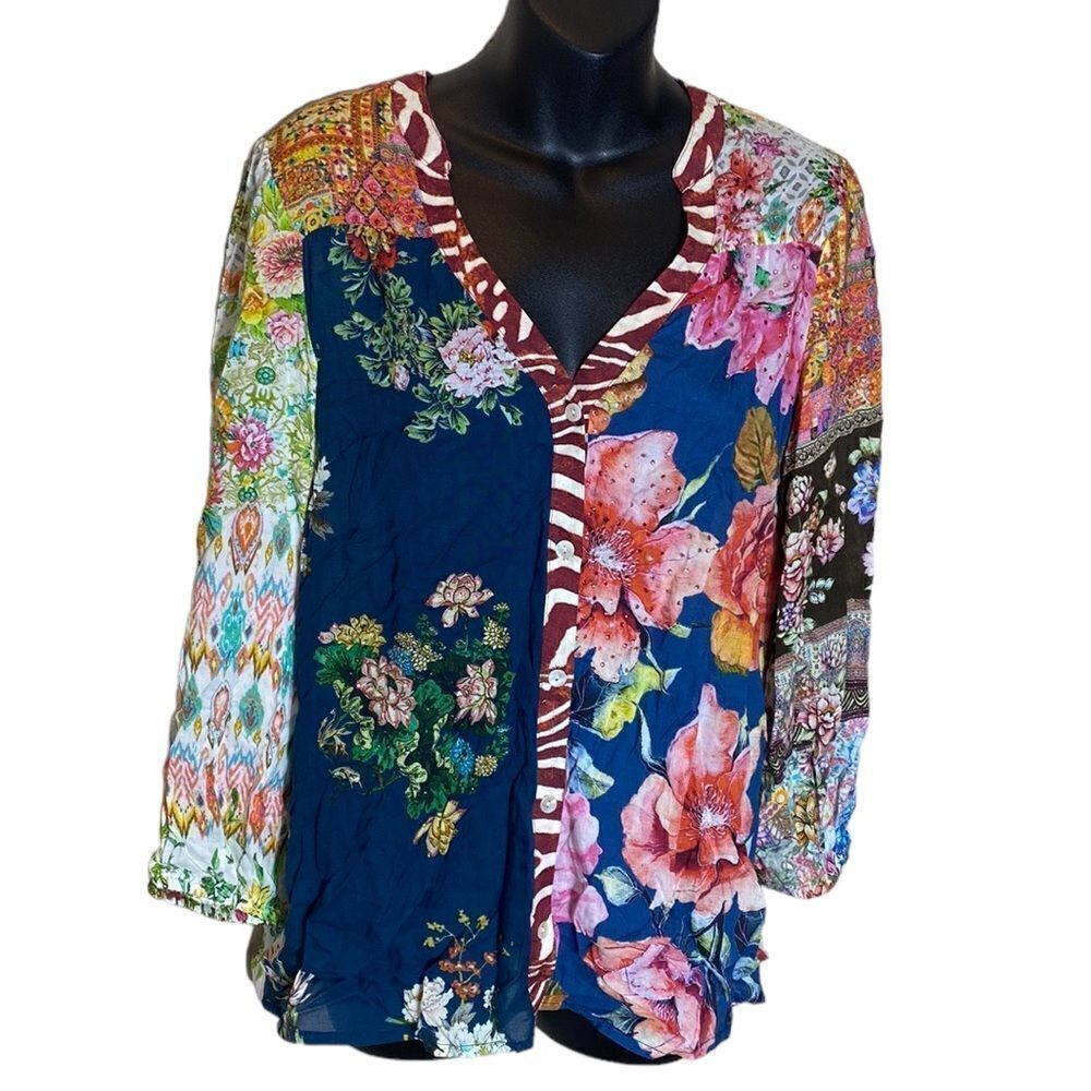 Ruby yaya floral patchwork dopamine button up‎ blouse rhinestone small